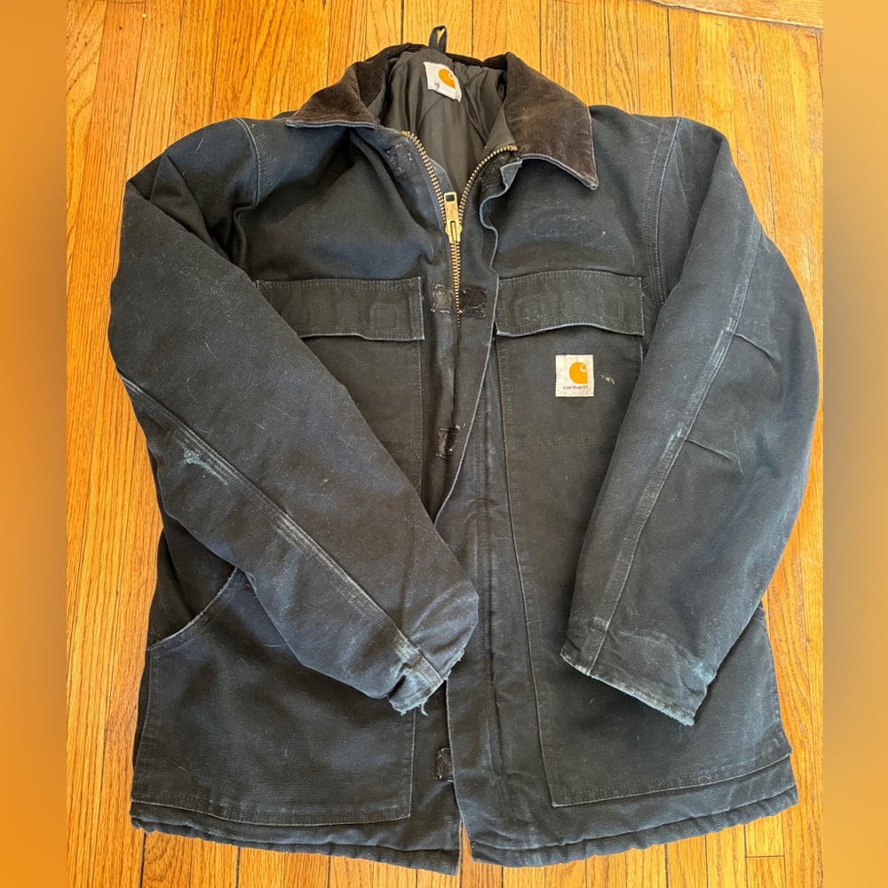 Vintage Carhartt Black Canvas Jacket Coat with Brown Corduroy Collar Medium